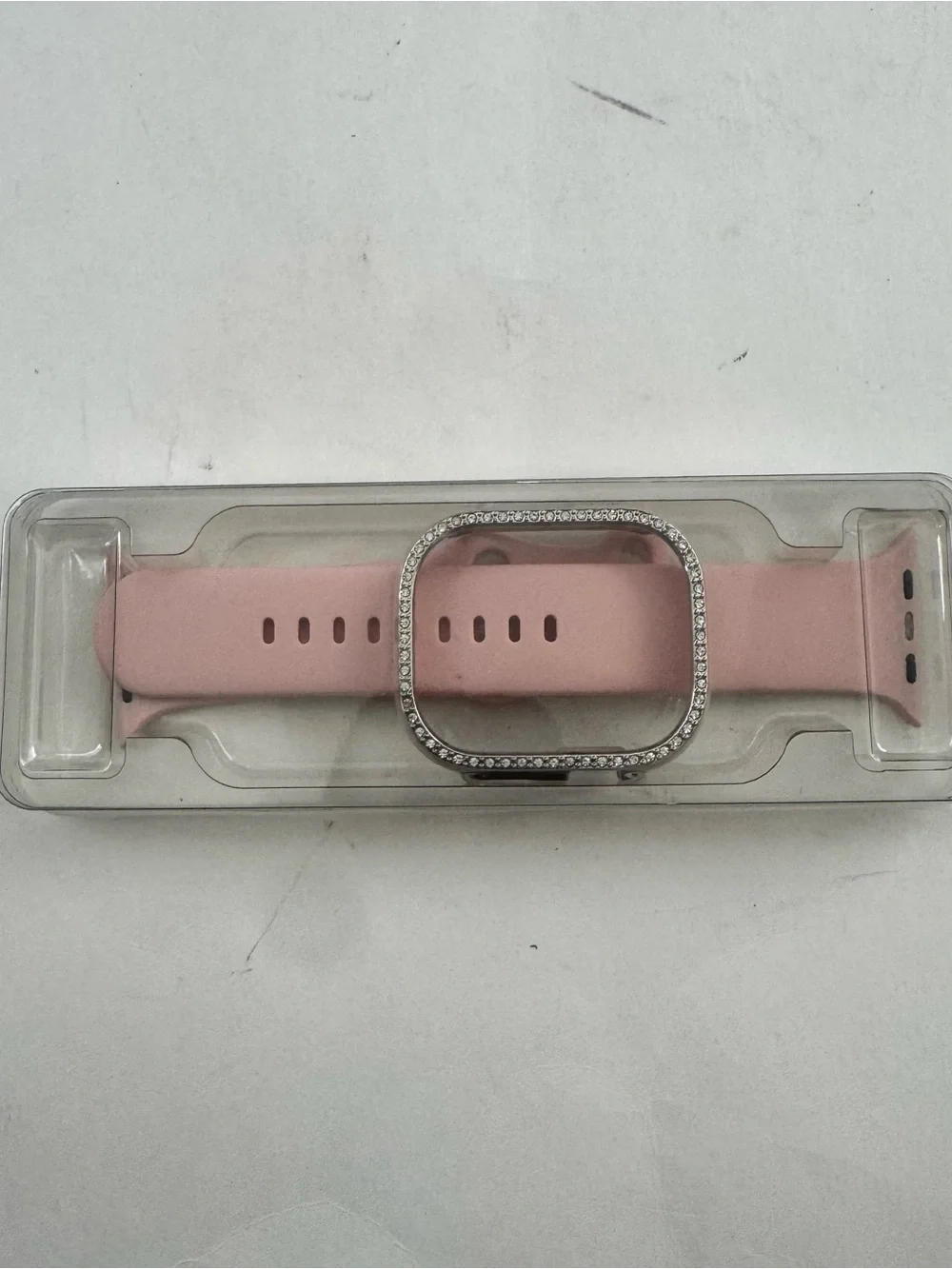 Apple Smart Watch Pink Silicone Band 49mm Silver Rhinestone Bling Cover Case Set